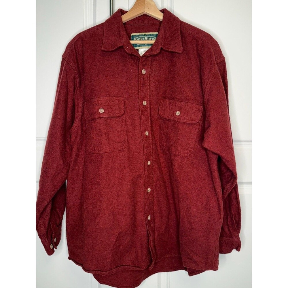 Field & Stream Vintage Heavyweight Flannel Shirt Mens XL Burgundy Cotton Outdoor